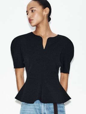 Zara Black Peplum Top with Puff Sleeves and V-Notch